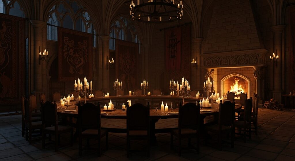 The Roundtable banishment ceremony set on The Traitors US reality show.