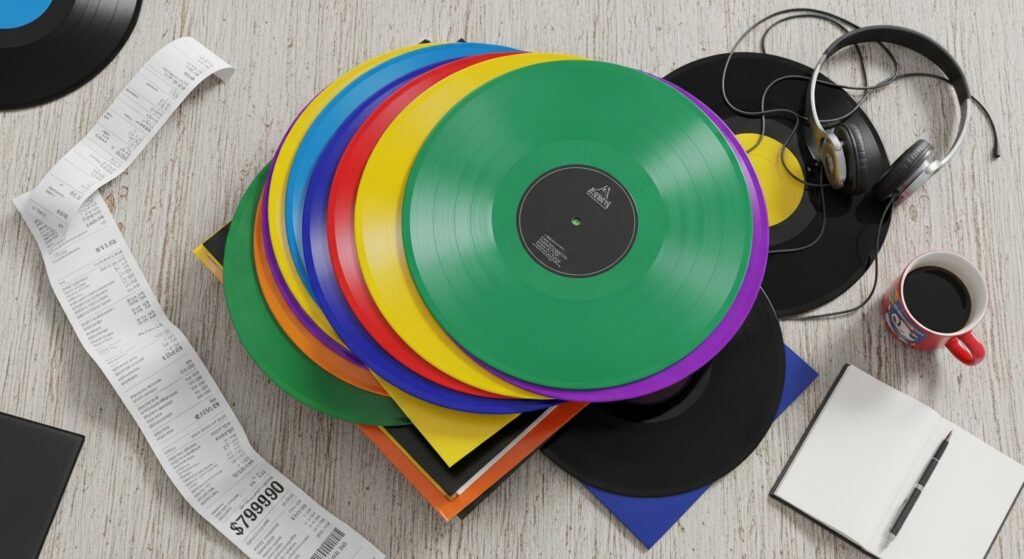 Stack of multiple vinyl variants of the same album, illustrating the financial burnout and variant fatigue among modern music fans