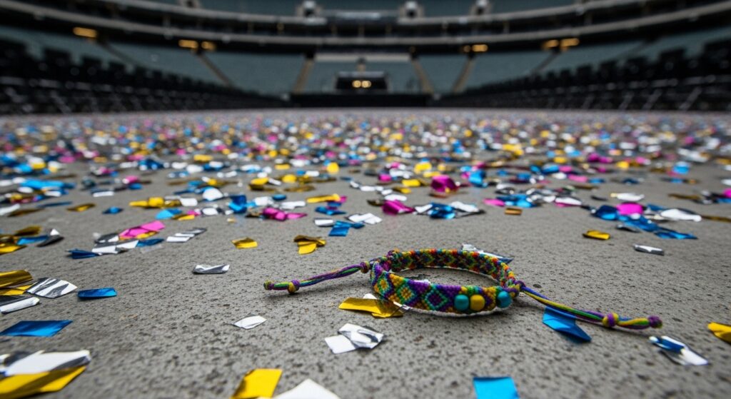 Discarded friendship bracelet on a stadium floor after a concert, symbolizing the rise of Taylor Swift snark communities and fandom fatigue.