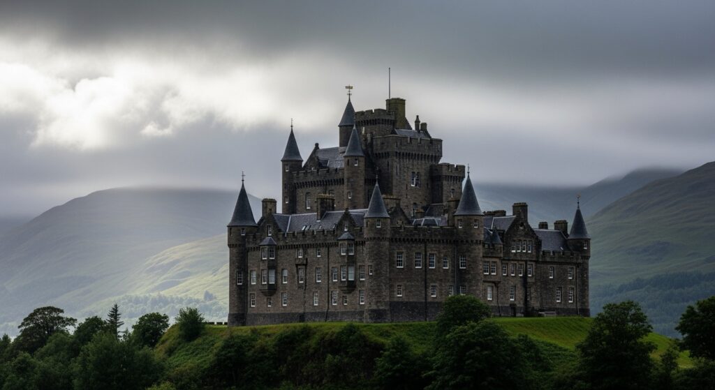 Alan Cumming hosting The Traitors US, wearing a tartan suit and standing in front of Ardross Castle.