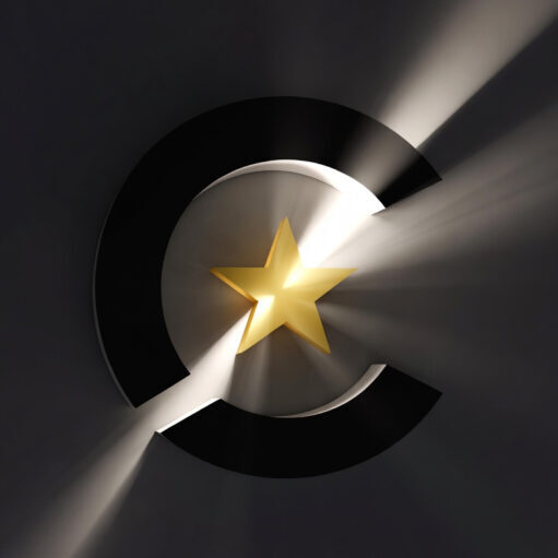 Bold gold letter C with shinning star spotlight