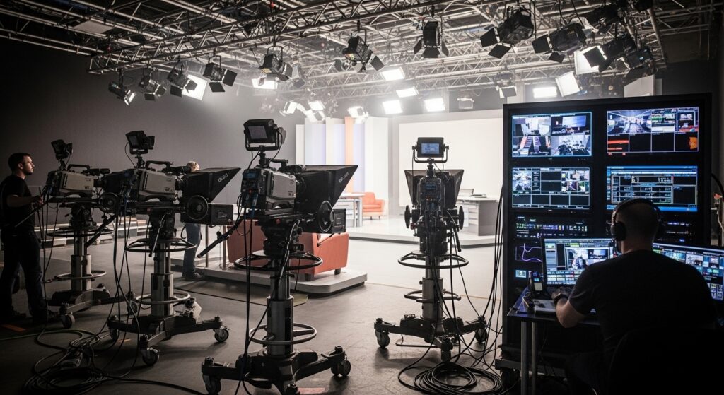 Behind the scenes of a television studio production during filming blocks.