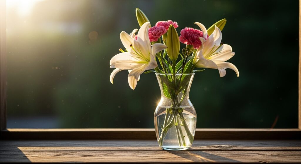 Supermarket flowers on a windowsill representing grief and memory.