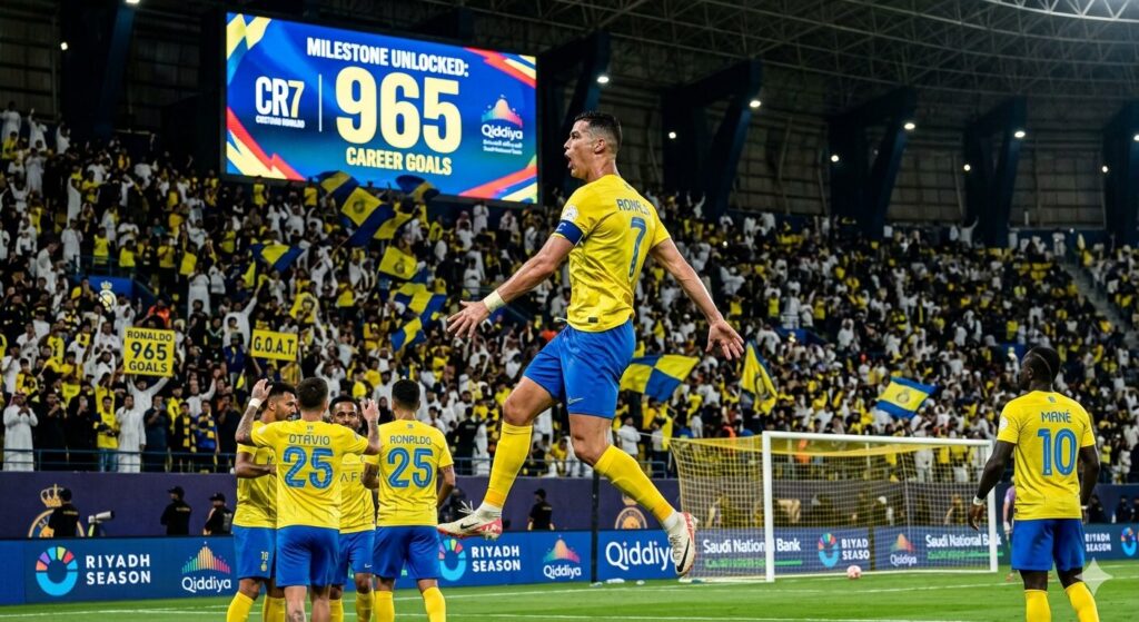 Cristiano Ronaldo celebrating goal for Al-Nassr in 2026 - 965 career goals milestone