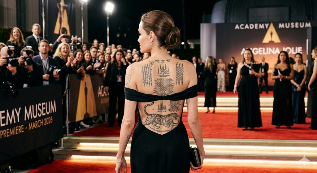 Timeline of Angelina Jolie back tattoos from 2017 to 2025 red carpet appearances