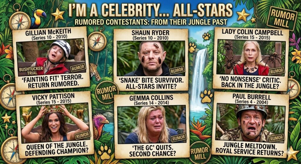 Rumored contestants for I'm A Celebrity South Africa 2026 including Gillian McKeith