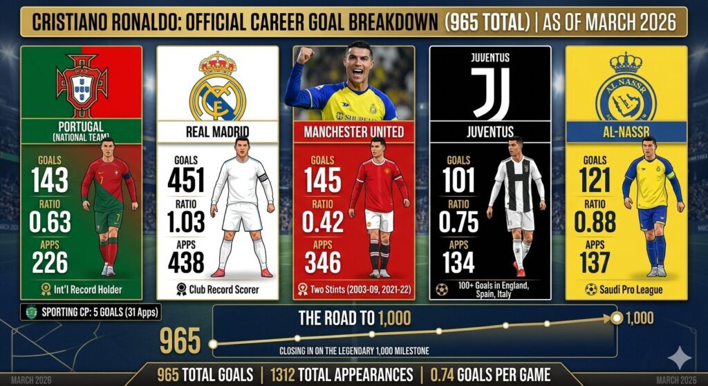 Cristiano Ronaldo 965 career goals breakdown by club - Real Madrid, Manchester United, Juventus, Al-Nassr, Portugal