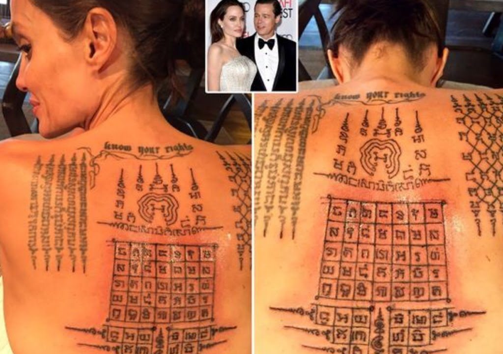 Map diagram of Angelina Jolie's back tattoo locations and meanings